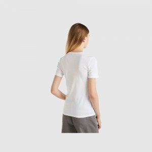 United Colors of Benetton 100% cotton with glitter print logo T-shirts Damen Weiß | UARKBY605
