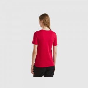 United Colors of Benetton 100% cotton with glitter print logo T-shirts Damen Rot | YWNOBI931