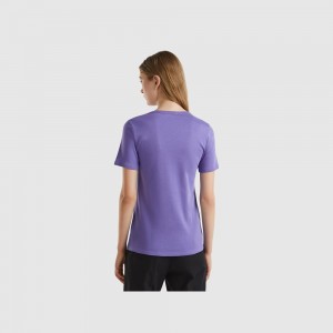 United Colors of Benetton 100% cotton with glitter print logo T-shirts Damen Lila | EVOWHI906