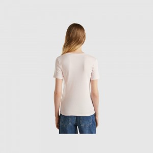 United Colors of Benetton 100% cotton with glitter print logo T-shirts Damen Rosa | GBQLPV351