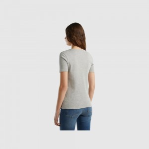 United Colors of Benetton 100% cotton with glitter print logo T-shirts Damen Hellgrau | FYLUWQ547