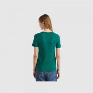 United Colors of Benetton 100% cotton with glitter print logo T-shirts Damen Dunkelgrün | GAQSDF801