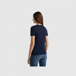 United Colors of Benetton 100% cotton with glitter print logo T-shirts Damen Dunkelblau | JRHFVA256