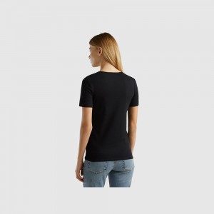 United Colors of Benetton 100% cotton with glitter print logo T-shirts Damen Schwarz | UZVRYK642