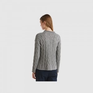 United Colors of Benetton Cable knit Pullover Damen Hellgrau | WZQFIE376