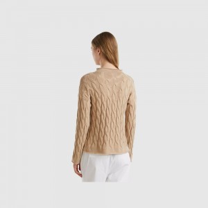 United Colors of Benetton Cable knit Pullover Damen Beige | HLJPQT213