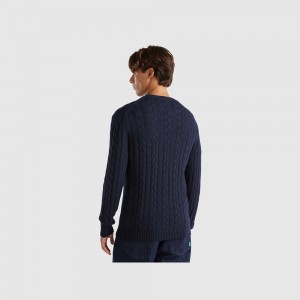 United Colors of Benetton Cable knit cashmere blend Pullover Herren Dunkelblau | IQRBWH406