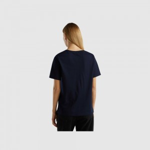United Colors of Benetton Crew neck slub cotton T-shirts Damen Dunkelblau | RNKGWZ132