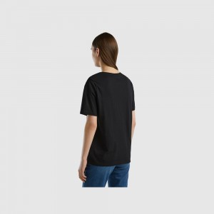 United Colors of Benetton Crew neck slub cotton T-shirts Damen Schwarz | YQEMHX760