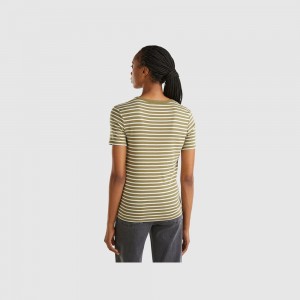 United Colors of Benetton Crew neck striped T-shirts Damen Grün | VQWEJN517