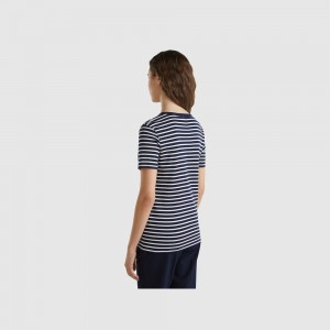 United Colors of Benetton Crew neck striped T-shirts Damen Dunkelblau | MRIKOB627