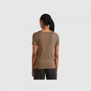 United Colors of Benetton Crew neck striped T-shirts Damen Braun | BTSILJ254