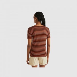 United Colors of Benetton Crew neck striped T-shirts Damen Braun | QTNOHM718