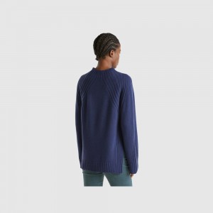 United Colors of Benetton Turtleneck slits Pullover Damen Dunkelblau | JWNREH680