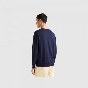 United Colors of Benetton V-neck lightweight cotton blend Pullover Herren Dunkelblau | EBTNCM210
