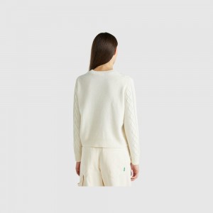 United Colors of Benetton cable knit and rhinestones Pullover Damen Weiß | OTUHRP621