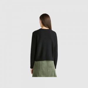 United Colors of Benetton cable knit and rhinestones Pullover Damen Schwarz | FIURWT807