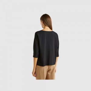 United Colors of Benetton glossy print T-shirts Damen Schwarz | QRPENO935