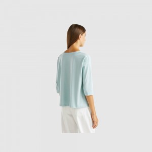 United Colors of Benetton glossy print T-shirts Damen Helltürkis | NPXCZL361
