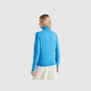 United Colors of Benetton turtleneck in pure cashmere Pullover Damen Hellblau | QZWMPT359