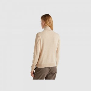 United Colors of Benetton turtleneck in pure cashmere Pullover Damen Beige | UMYWQX715