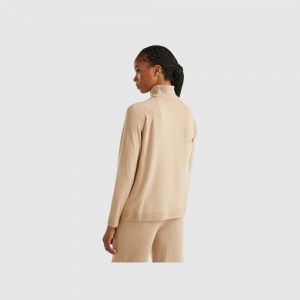 United Colors of Benetton turtleneck in cashmere and wool blend Pullover Damen Beige | UXHPQY948