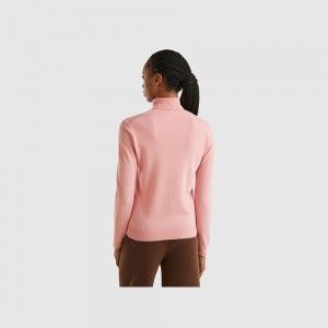 United Colors of Benetton turtleneck pure Merino wool Pullover Damen Rosa | FCKYSP925